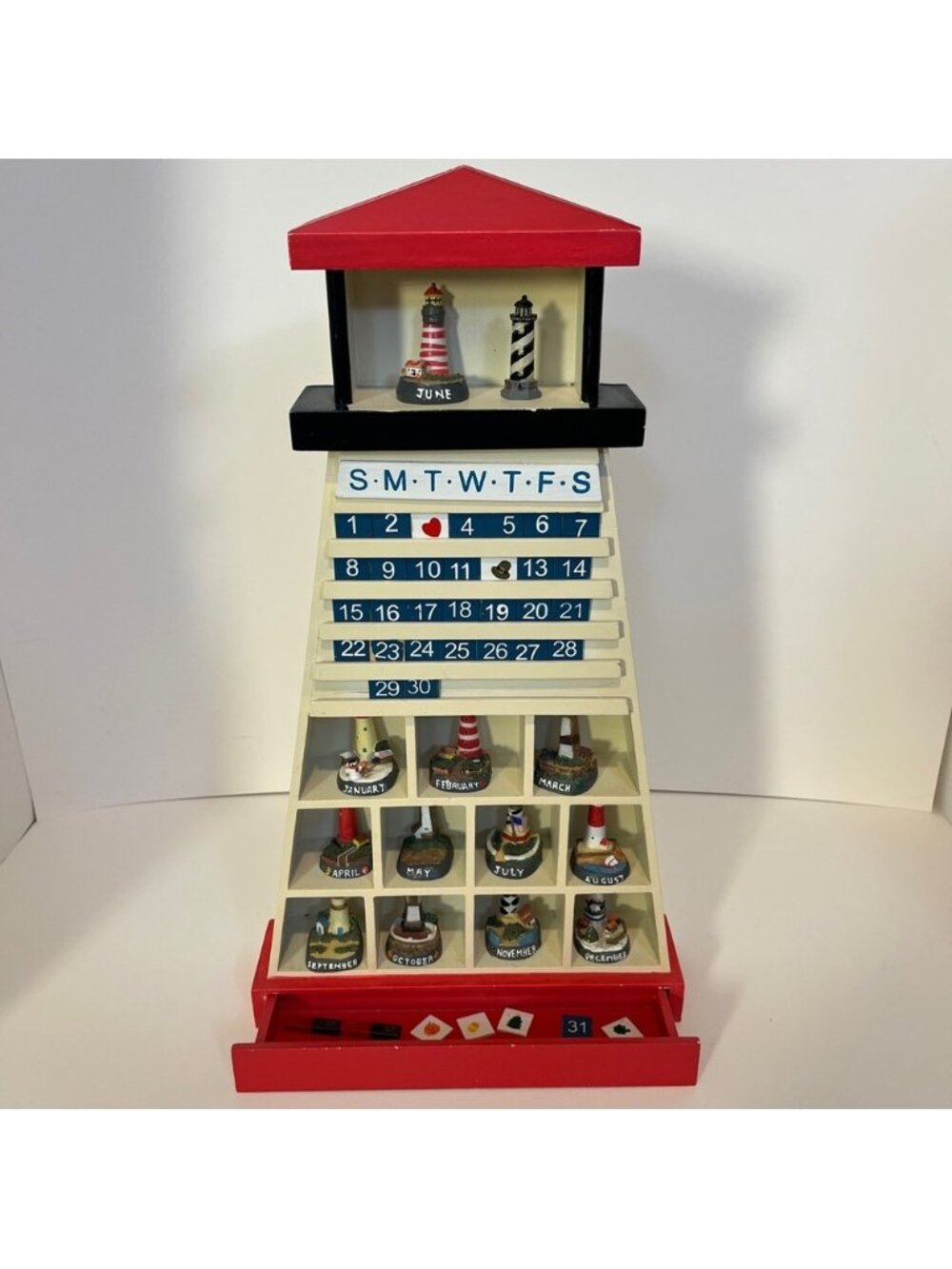 Vintage Wooden Lighthouse Wall Shelf Calendar Light House Months Ceramic Dates
